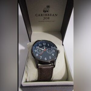 Caribbean Joe Navy Blue Dial Watch with Brown Leather Strap NIB